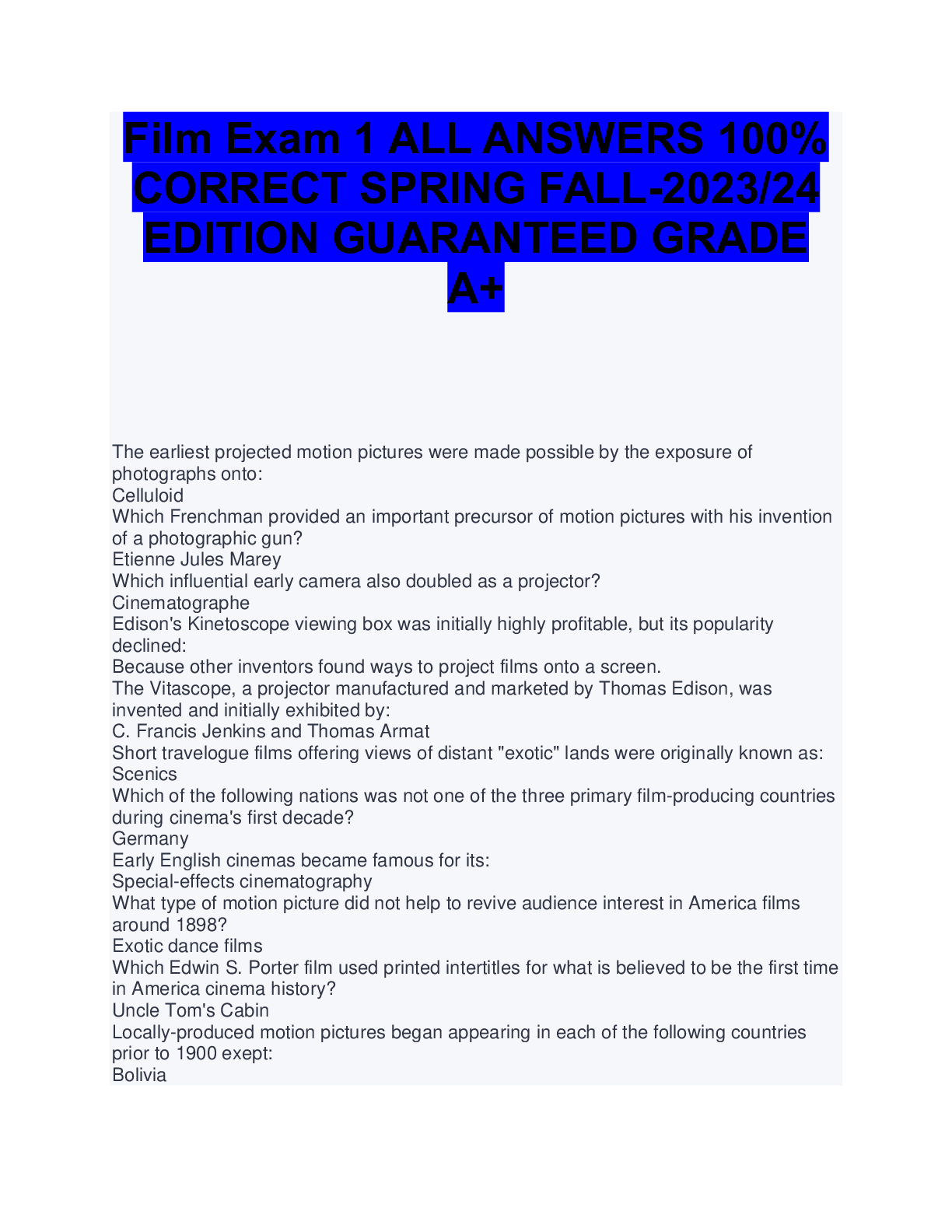 Film Exam 1 ALL ANSWERS 100 CORRECT SPRING FALL2023/24 EDITION